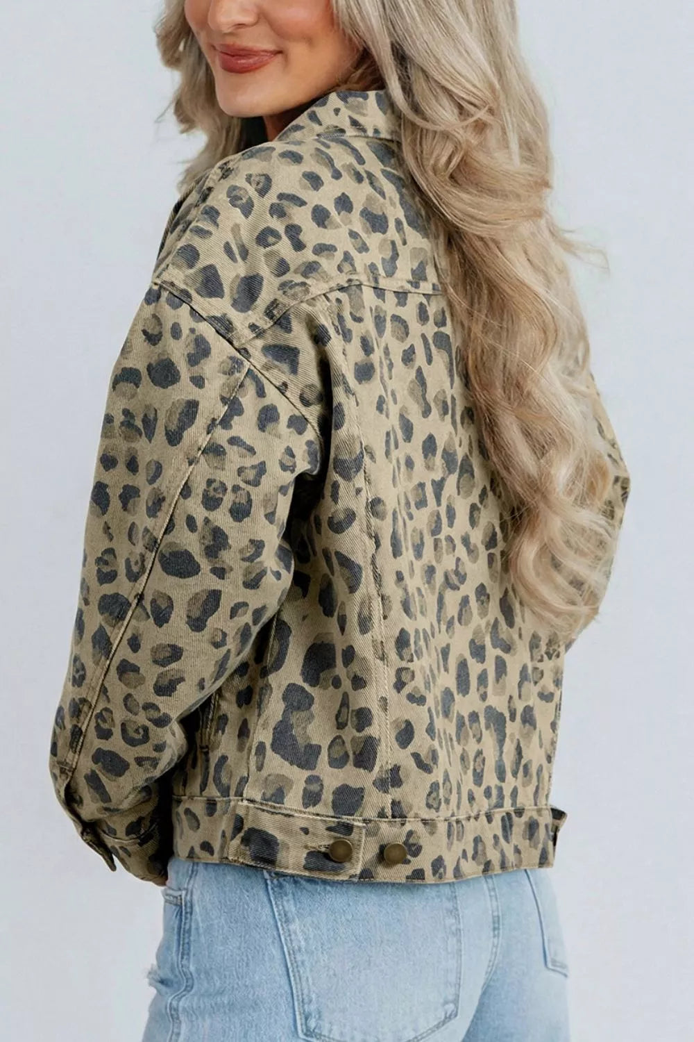 Trendsi Leopard Print Seam Detail Button Down Denim Jacket -
