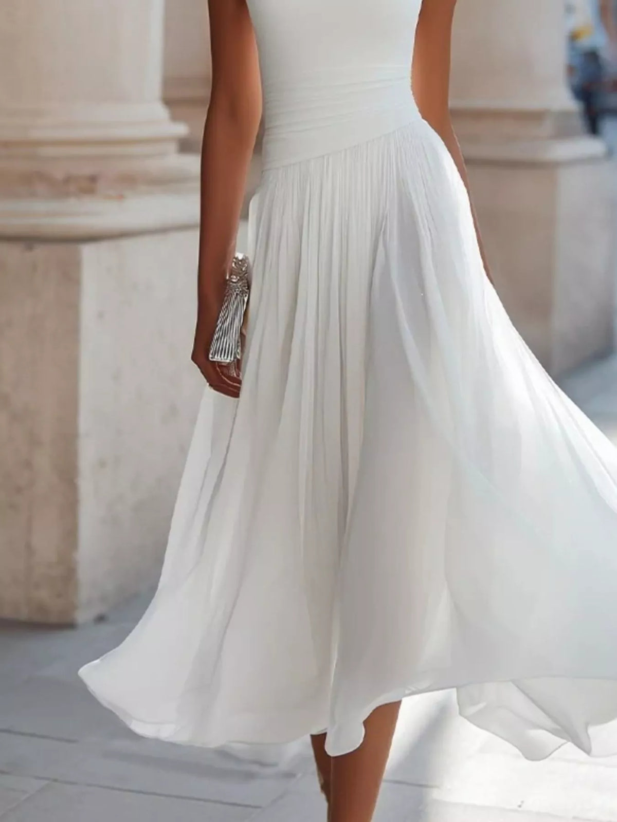 White sleeveless boat neck midi dress — design and construction details
