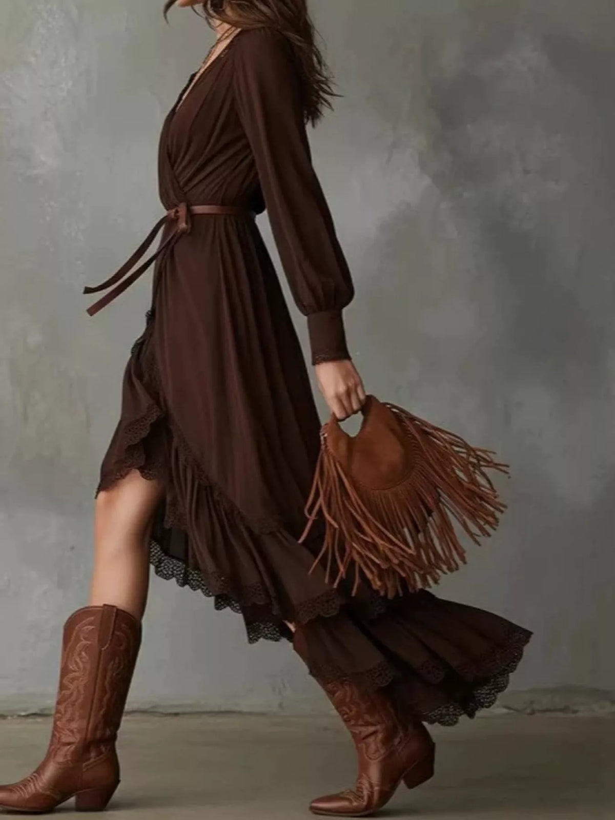 High-Low Hem Surplice Dress in brown