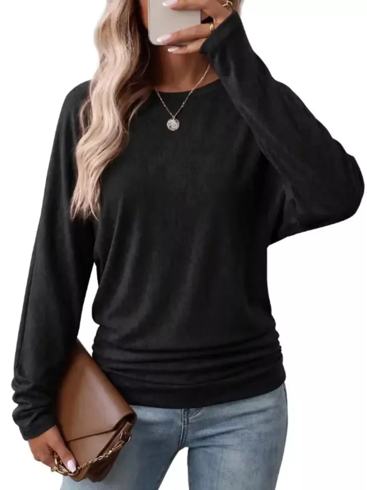 Black crew neck t-shirt with ruched hem