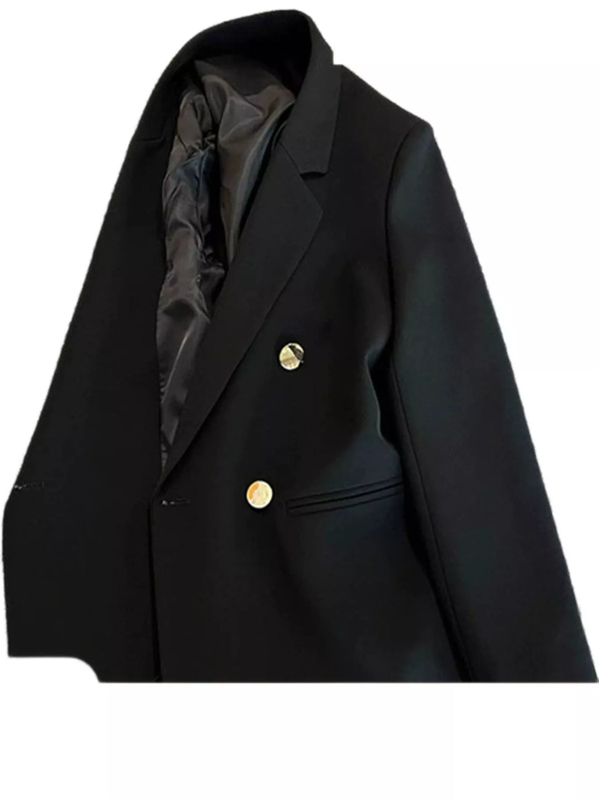 Black double-breasted lapel collar blazer, lapels, gold-tone buttons, and lining