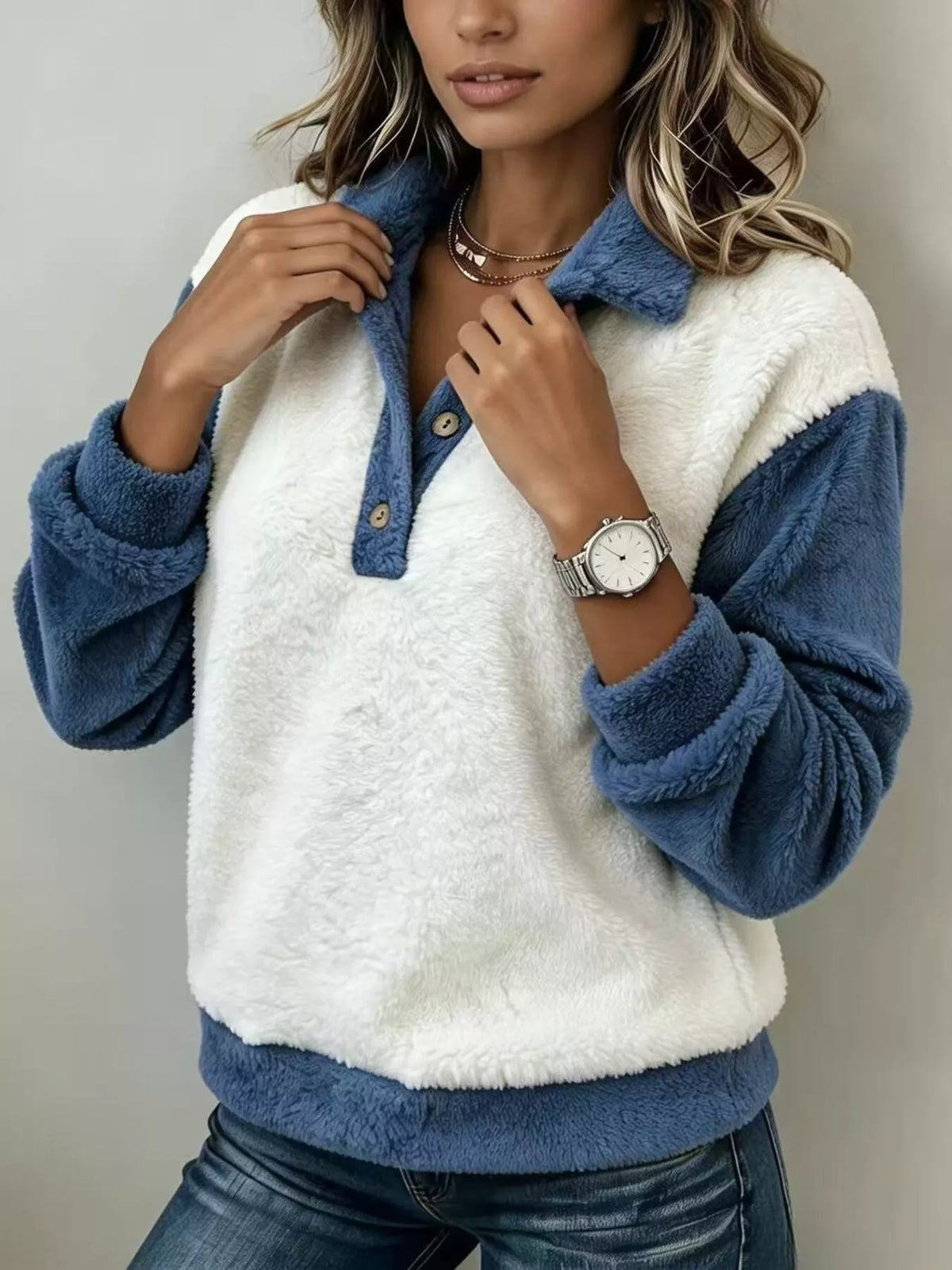 White and blue color-block fuzzy sweatshirt
