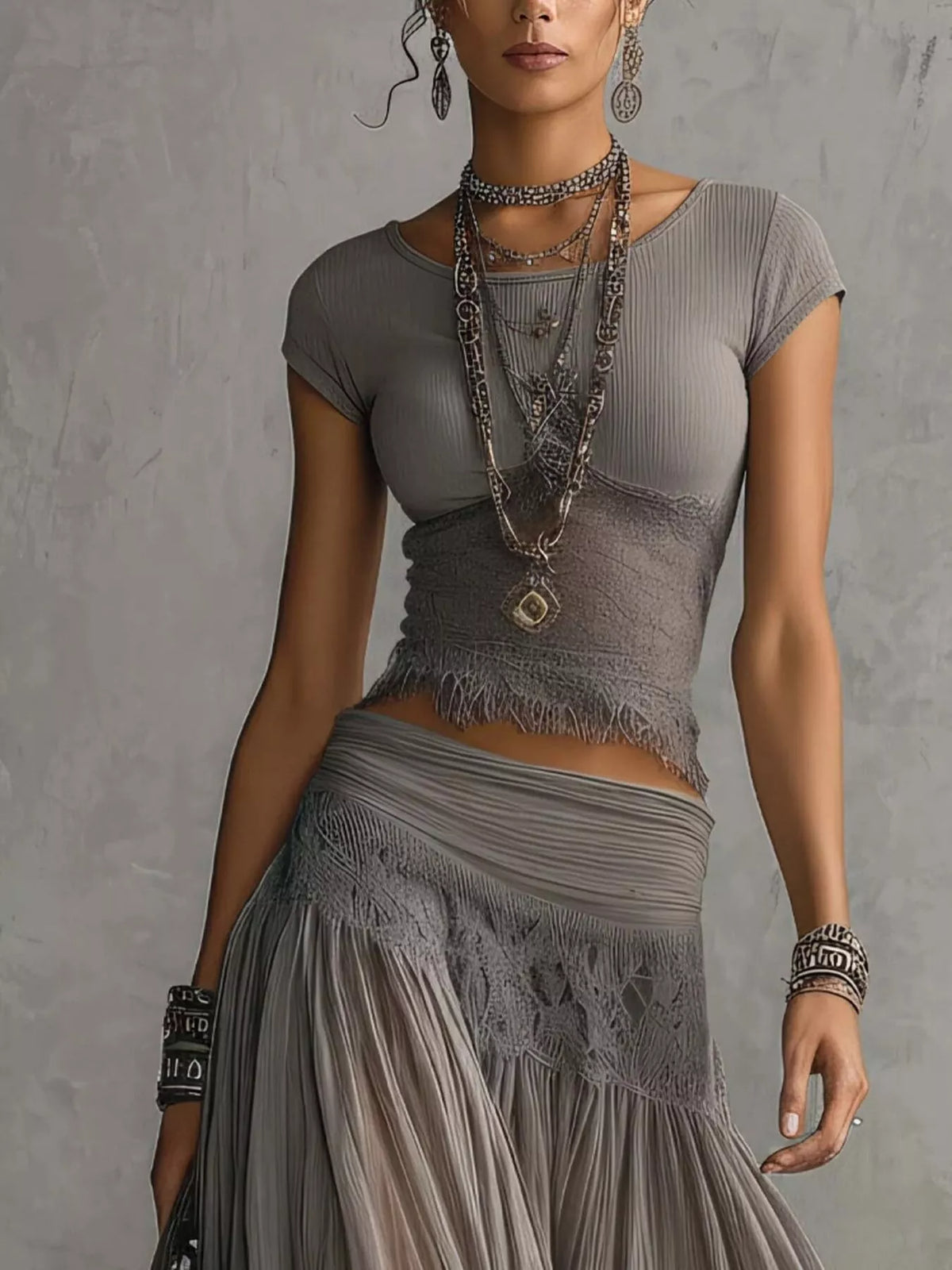 Trendsi Lace Slim Fit Top and Maxi Skirt Set -