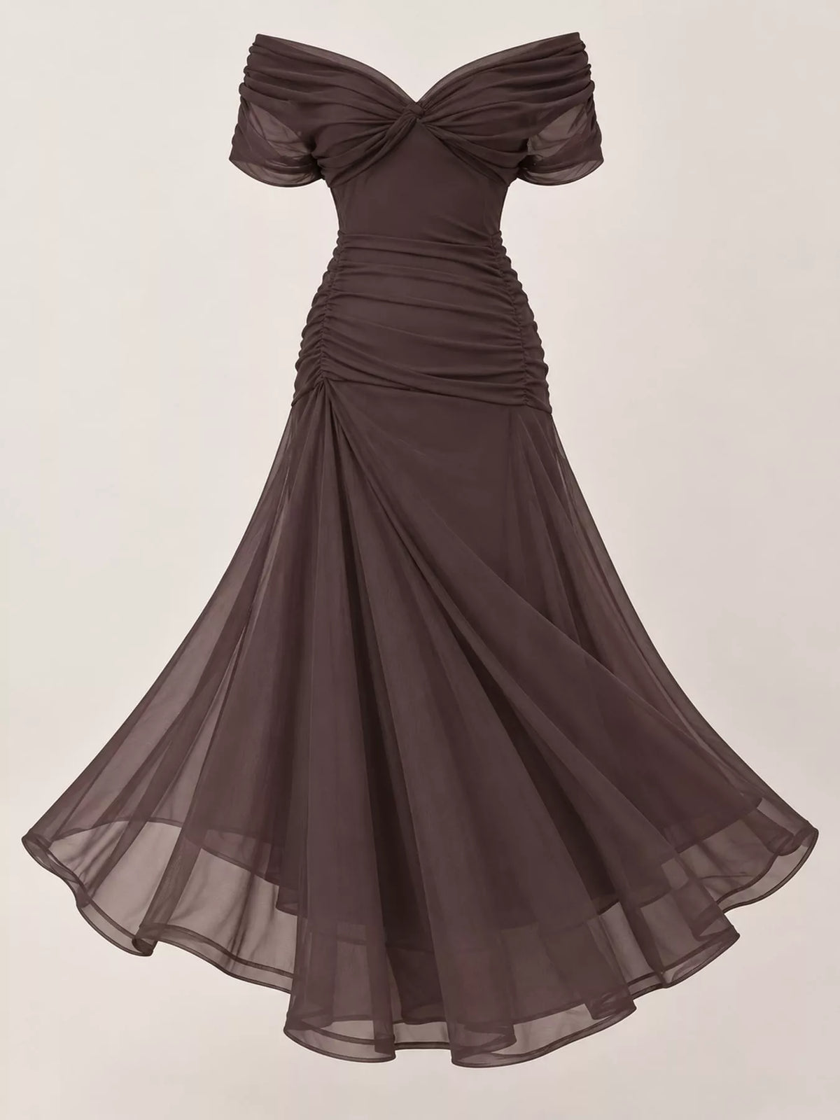Brown off shoulder ruched tulle evening dress, front view