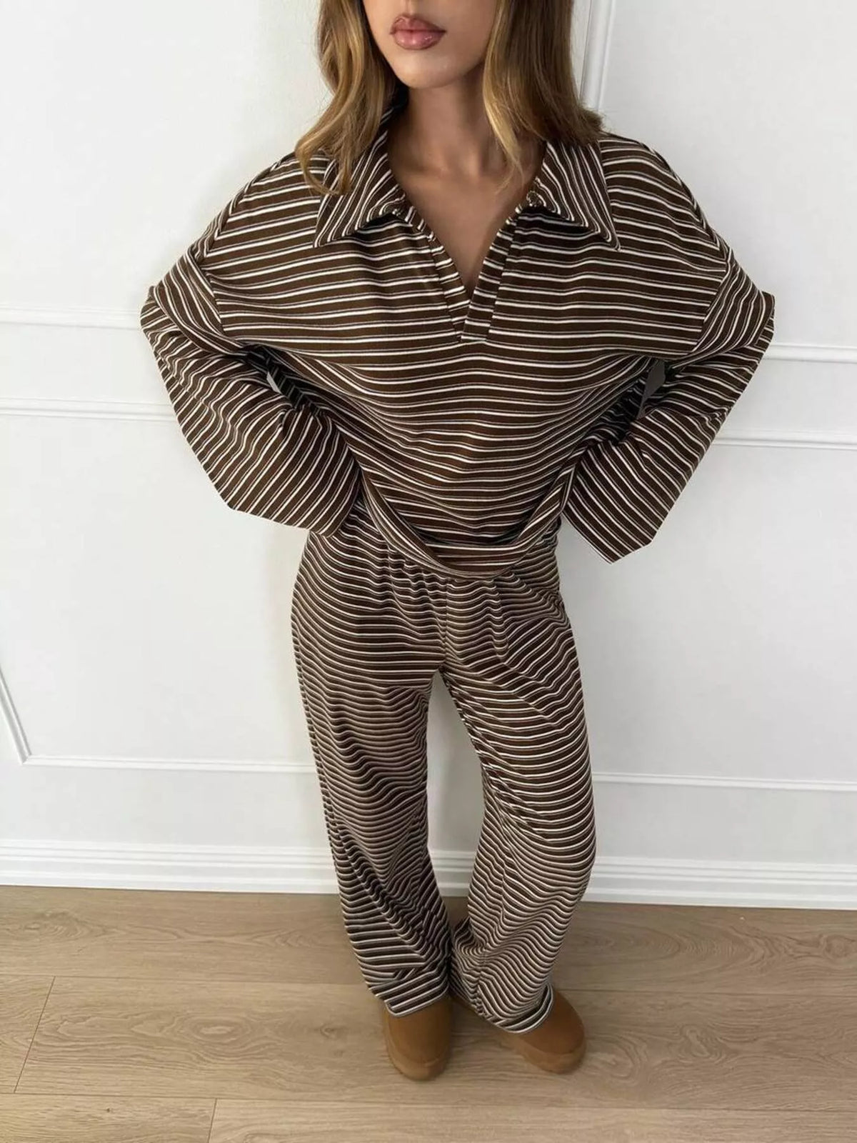 Striped Polo Top and Wide-Leg Pants Set, top detail
