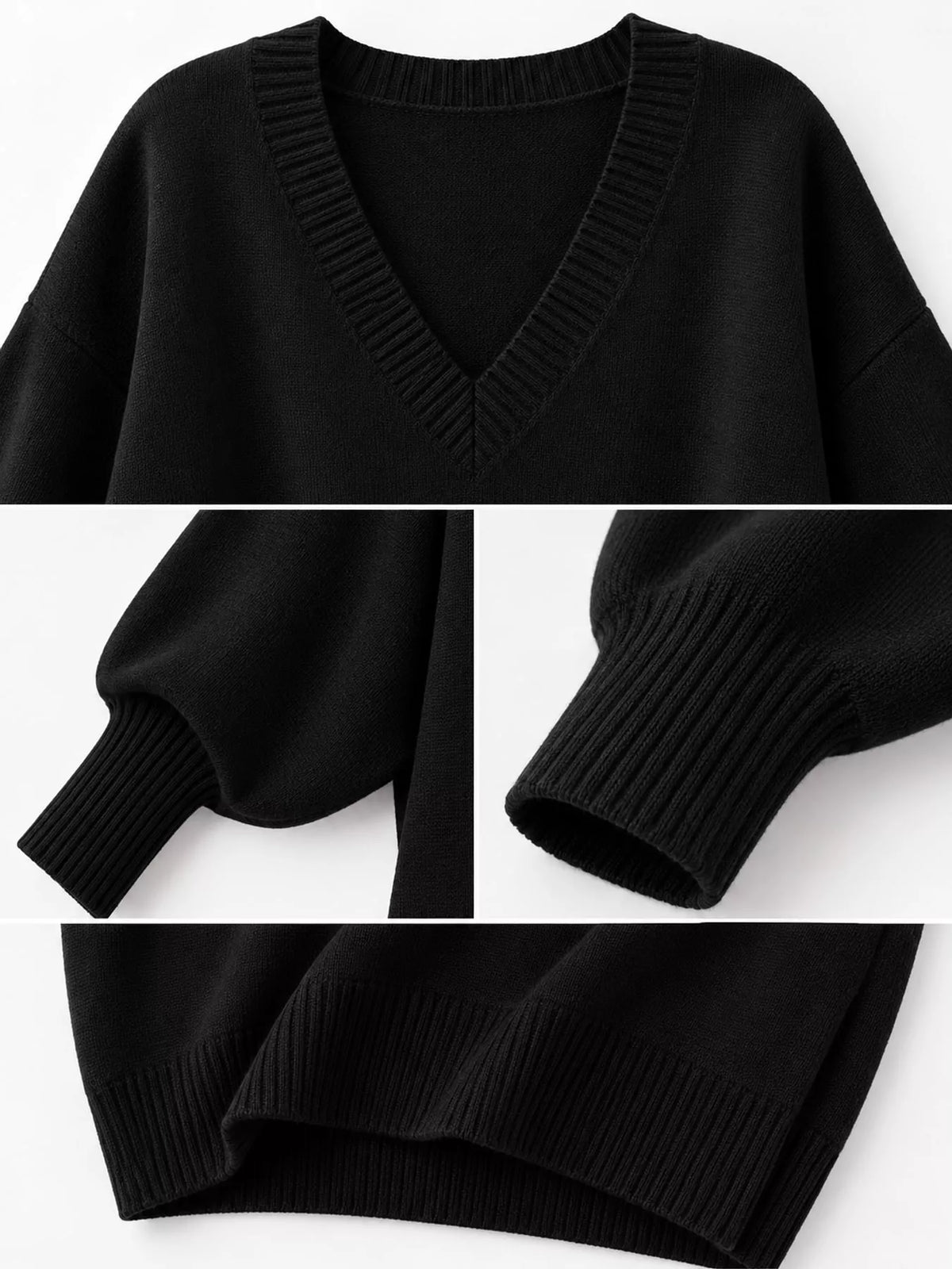 Batwing sweater, black knit detail collage