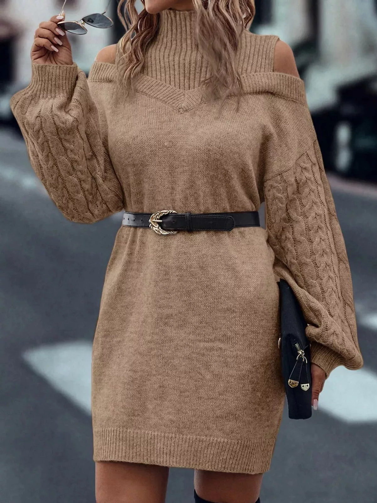 Beige cold shoulder cable knit mock neck sweater dress, front view