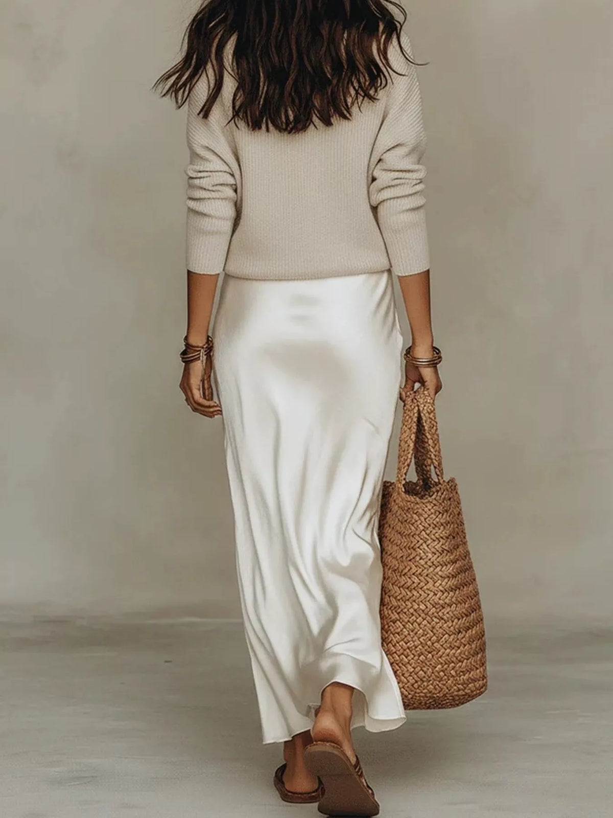 Apricot-Set v-neck top and satin midi skirt set, back view