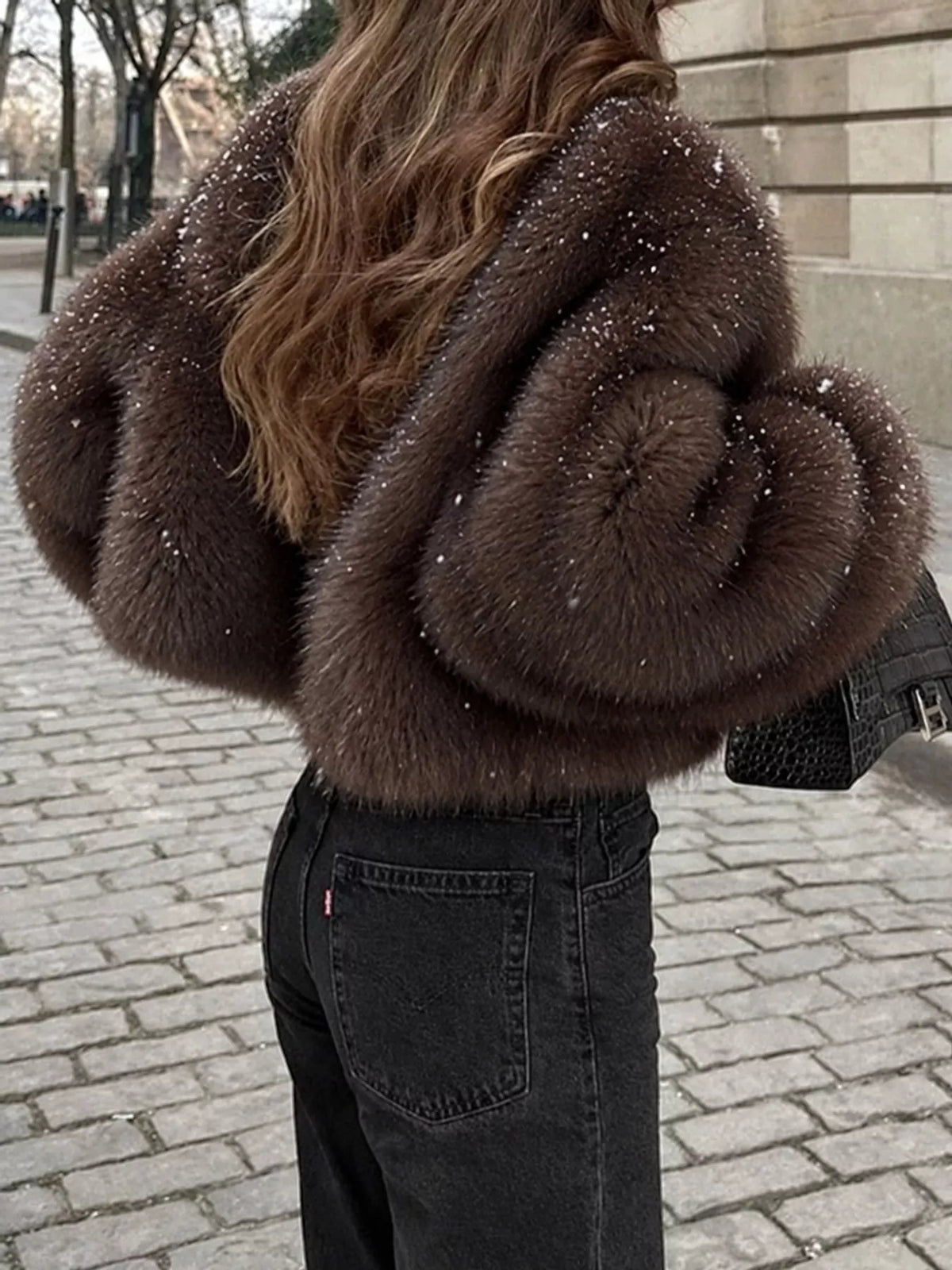 Faux Fur Cropped Coat, back view in brown