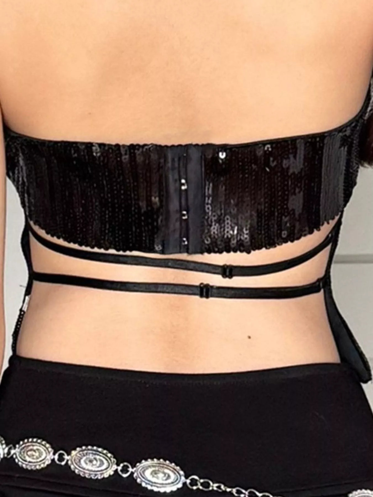 Black sequin halter neck cami, back view