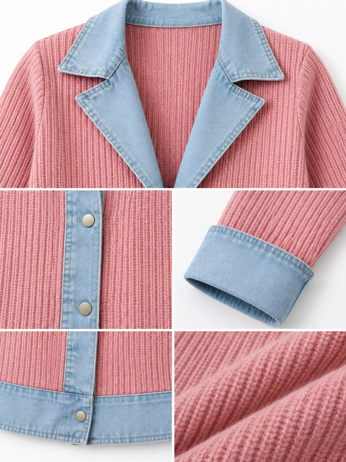 Pink denim trim ribbed knit cardigan, denim-trim lapels, buttons, cuffs, and ribbed knit texture