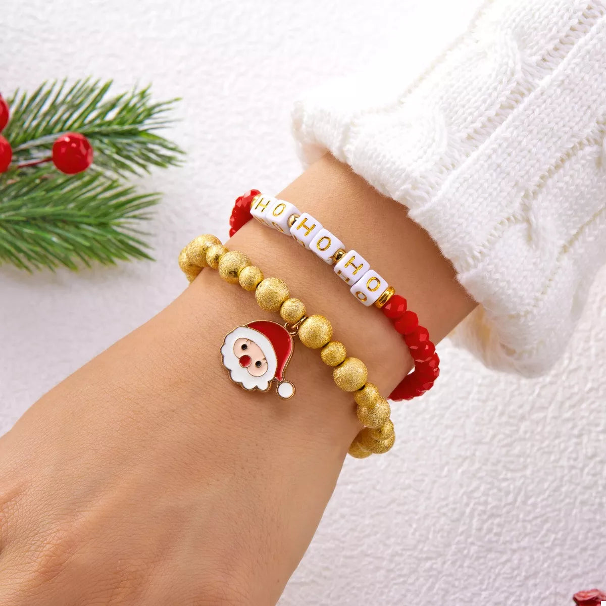 Trendsi 2 Piece Christmas Santa Beaded Bracelet -