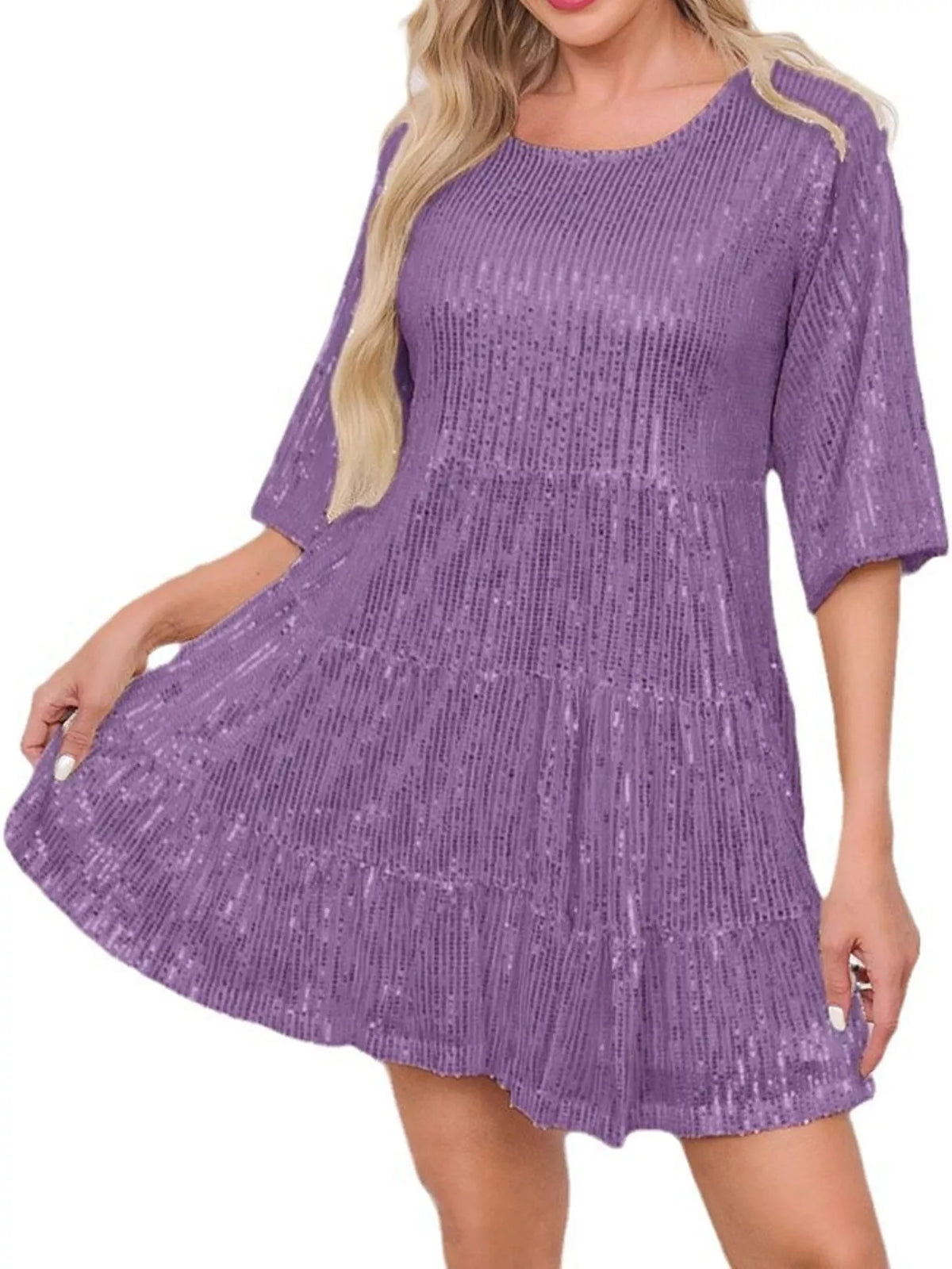 Round neck 3/4 sleeve mini dress, front view on model