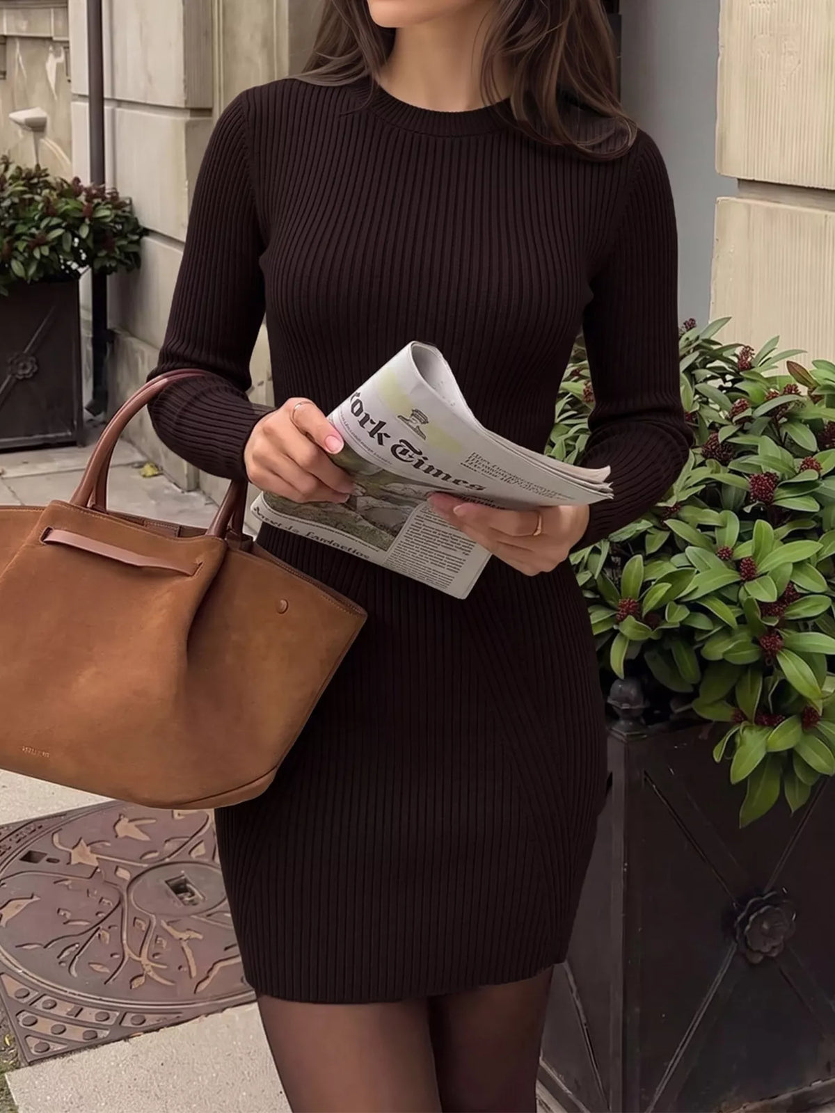 Long Sleeve Ribbed Knit Dress in brown, front view