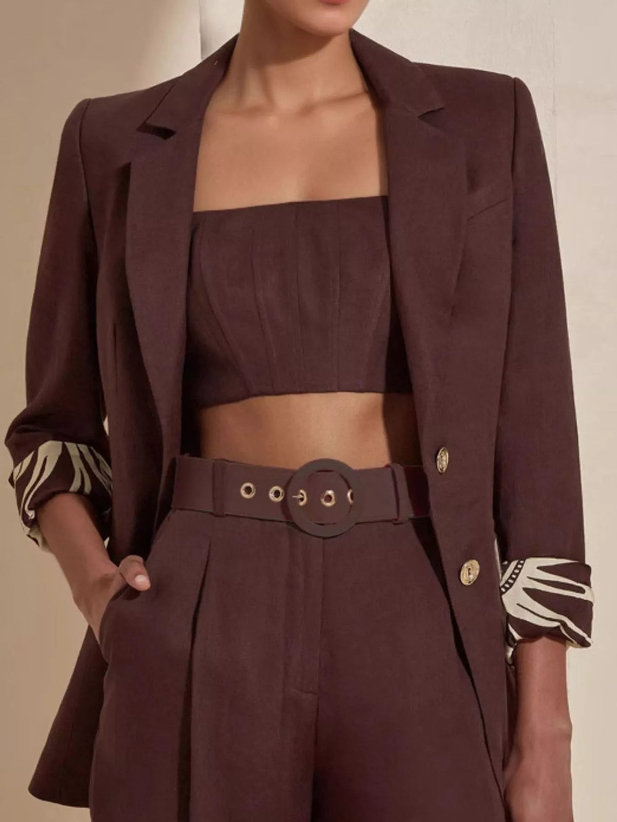 Brown Lapel Collar Blazer and Wide-Leg Pants Set alternate view 1