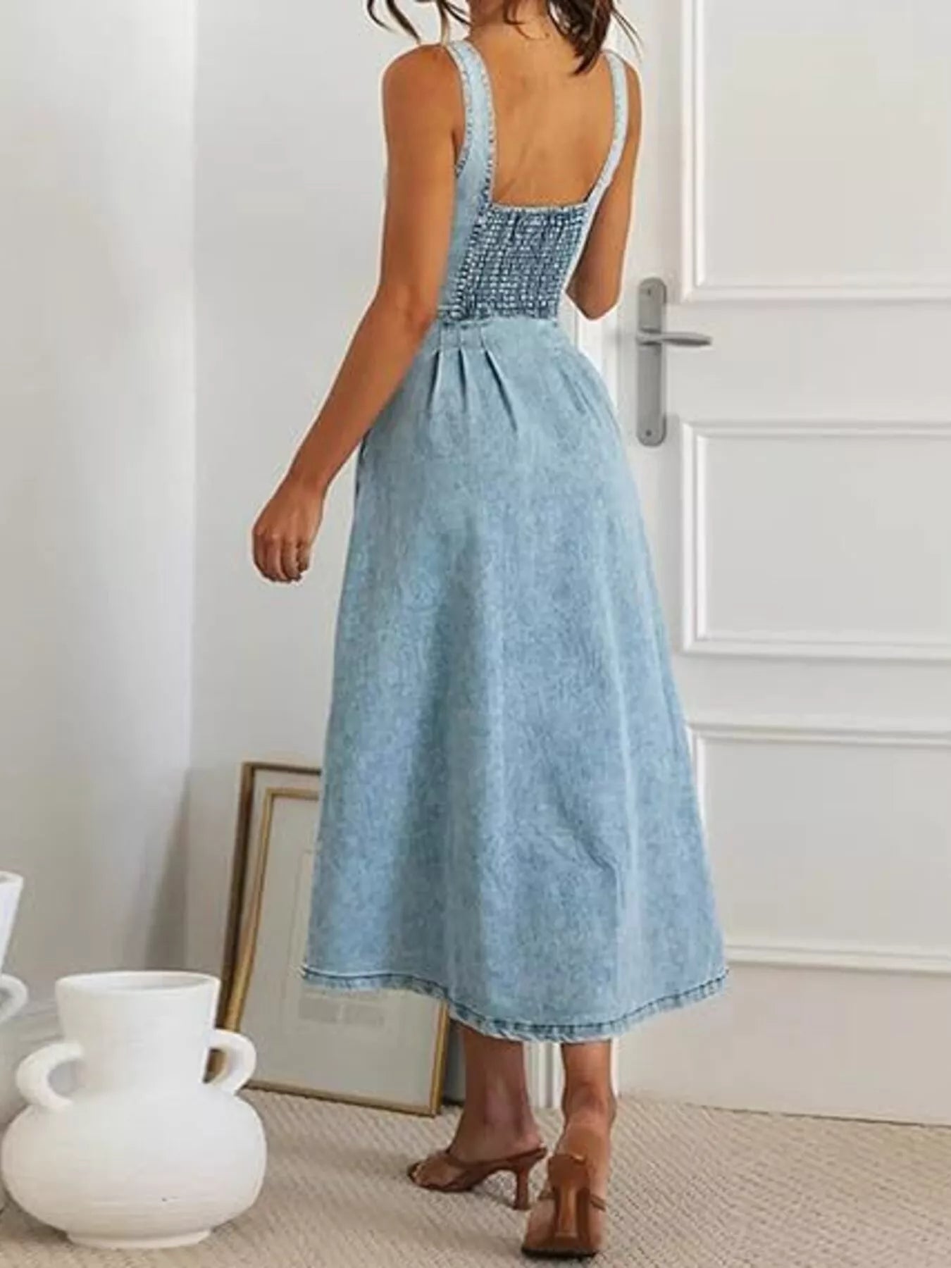 Trendsi Smocked Back Button Front Denim Midi Dress -
