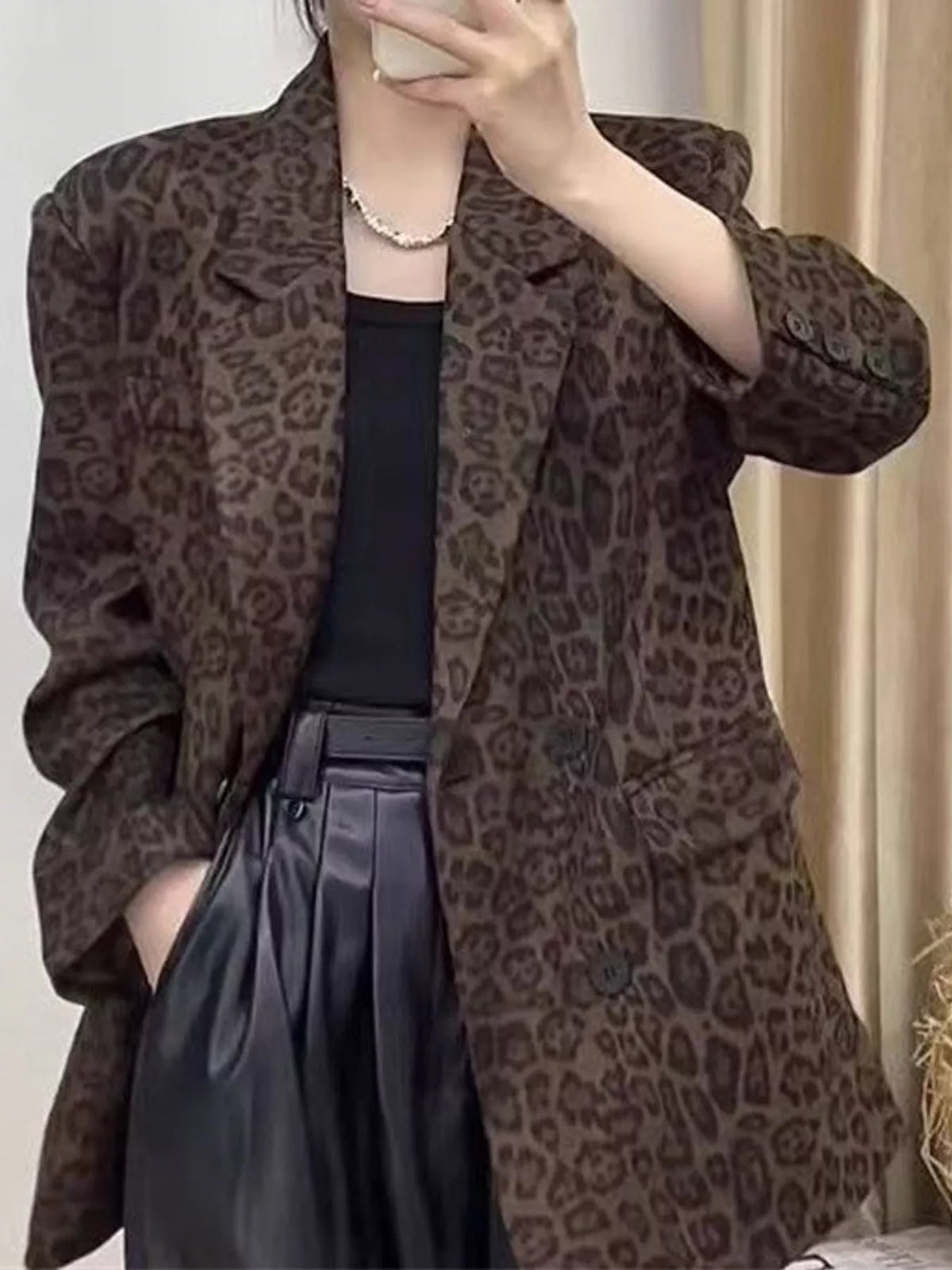 Brown leopard leopard print oversized blazer — front view