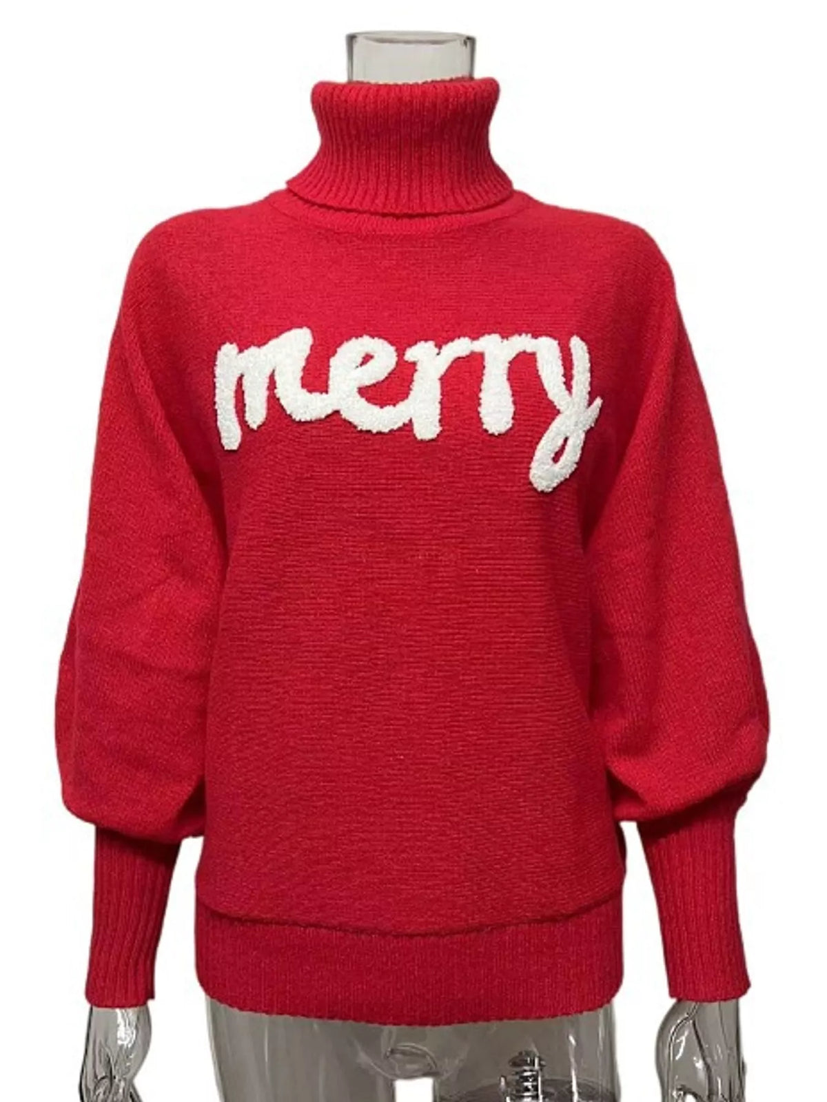 Red lettering turtleneck sweater