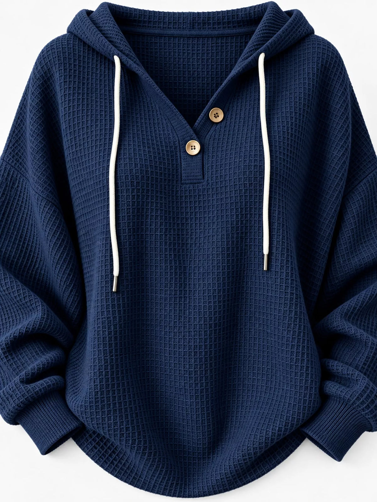 Waffle-knit hoodie, navy neckline detail