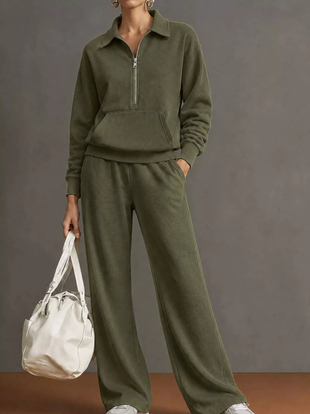 Collared long sleeve outfit set, front view on model