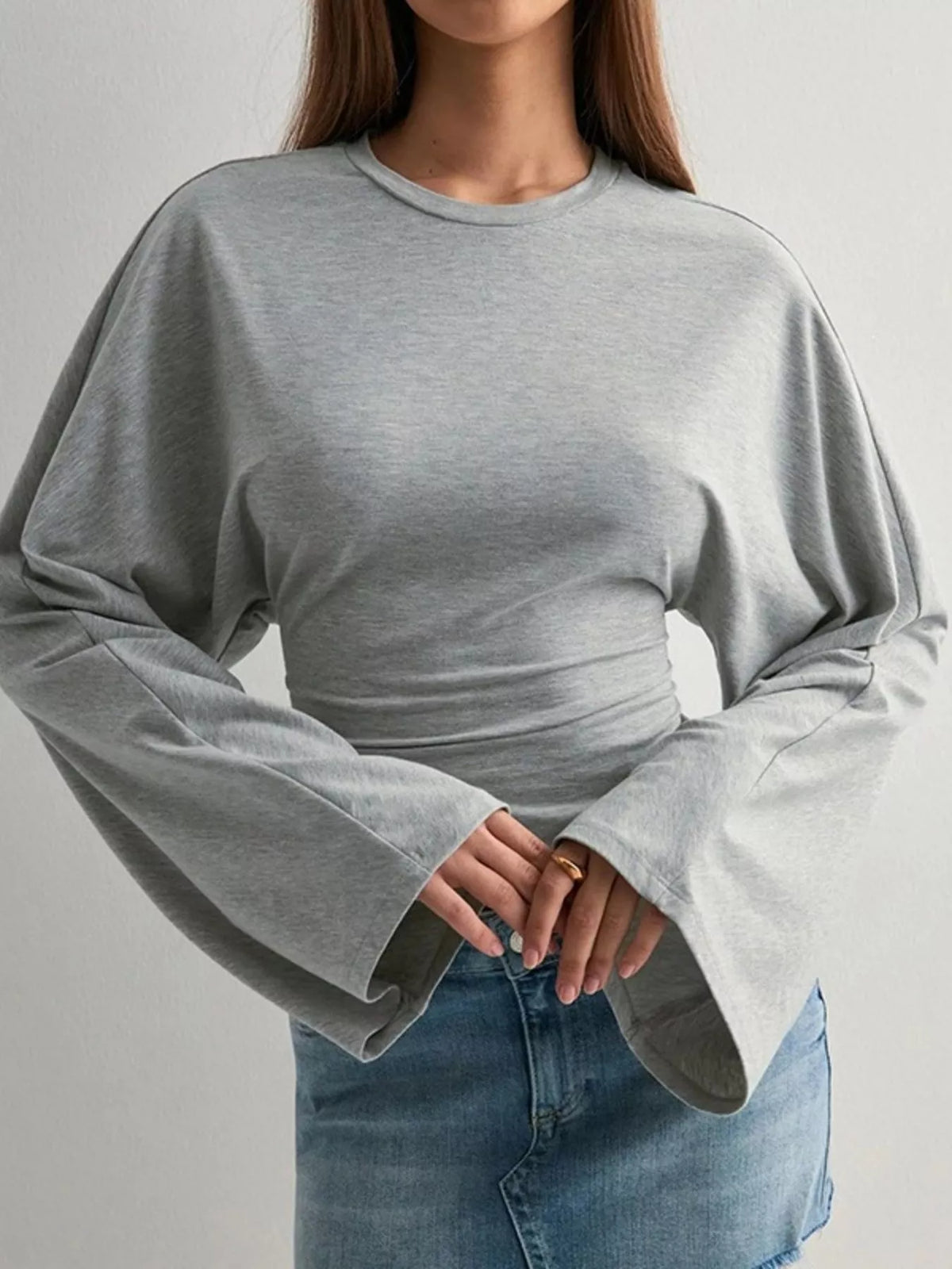 Gray Solid Long Sleeve Crew Neck Stretch T-Shirt flared sleeve detail