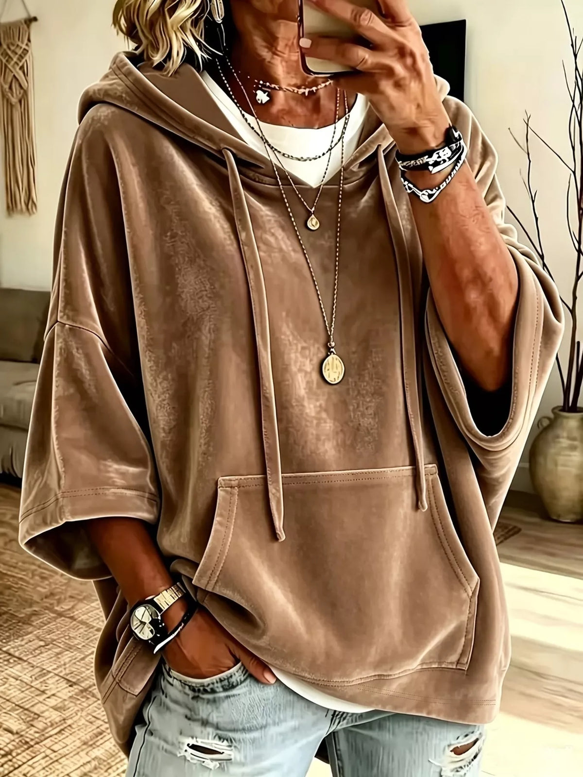 Trendsi Full Size Velvet 3/4 Sleeve Hoodie with Kangaroo Pocket Plus Size -