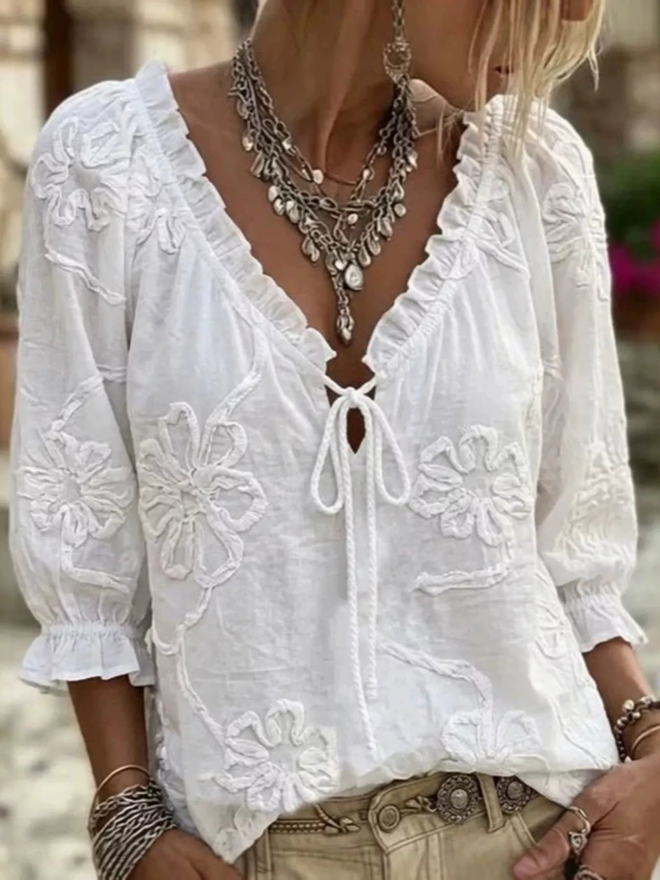 Trendsi Full Size Flower Tie Front 3/4 Sleeve Blouse Plus Size -