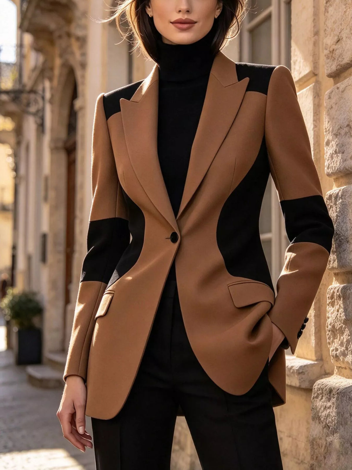 Brown color-block one button blazer