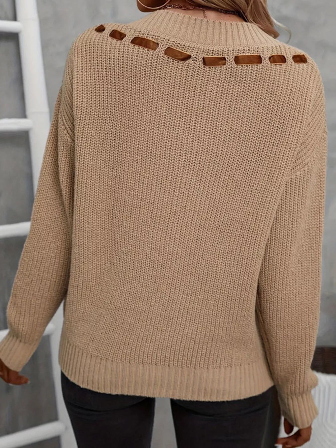 Trendsi Ribbon Tie V-Neck Sweater -