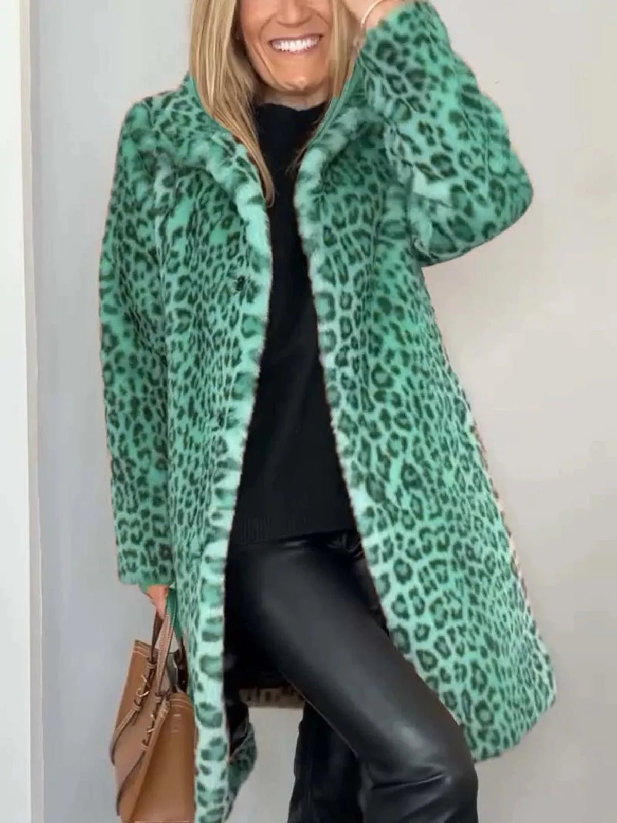 Open Front Leopard Print Faux Fur Jacket — front view