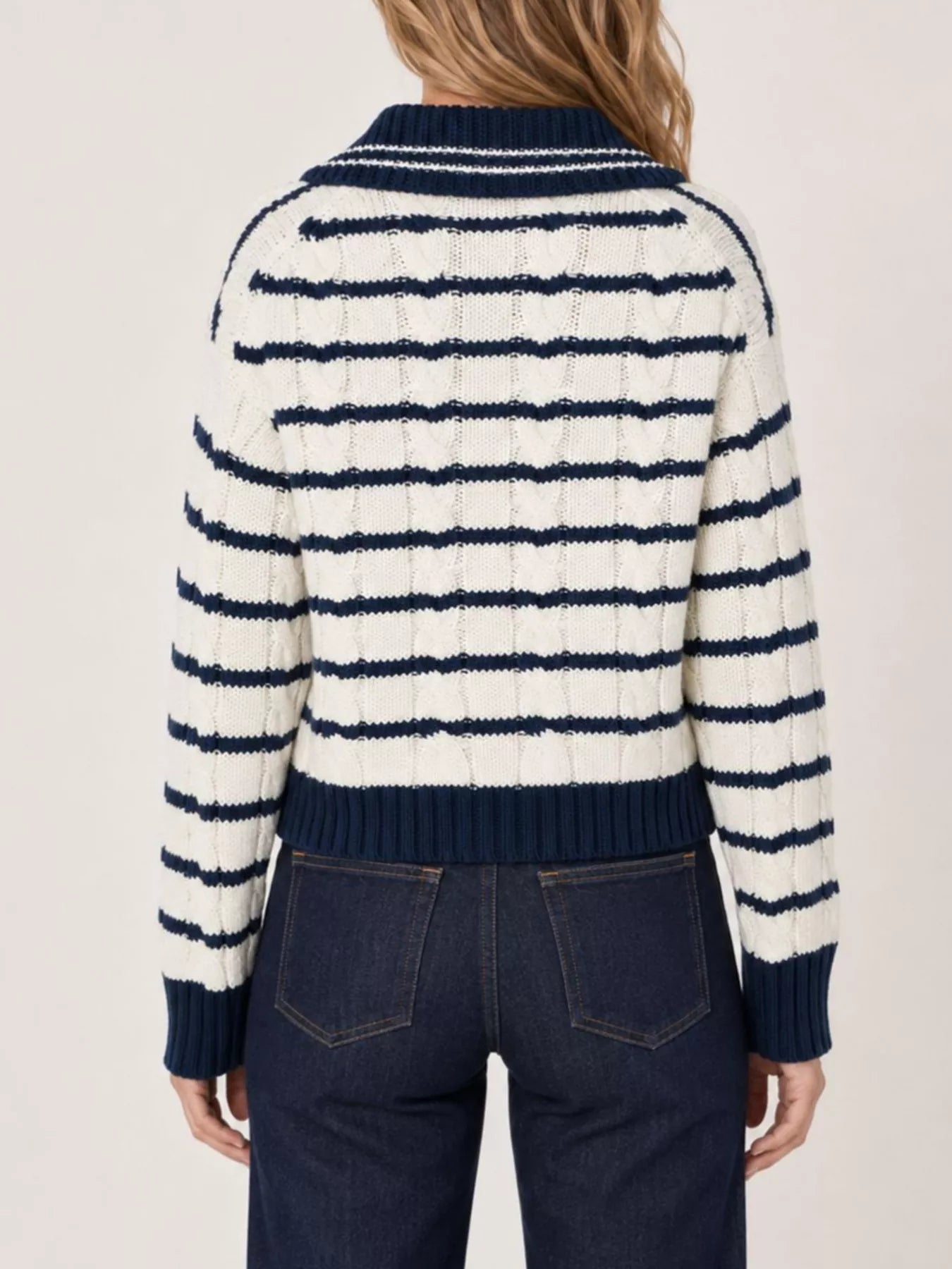 Trendsi Striped Johnny Collar Dropped Shoulder Sweater -