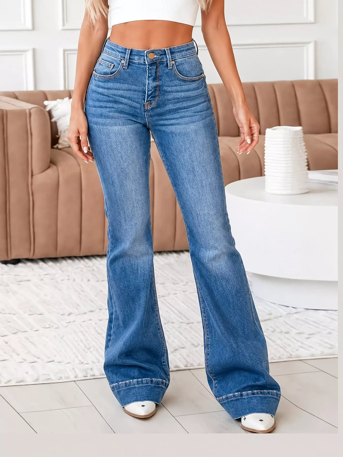 Blue high-rise flare leg jeans