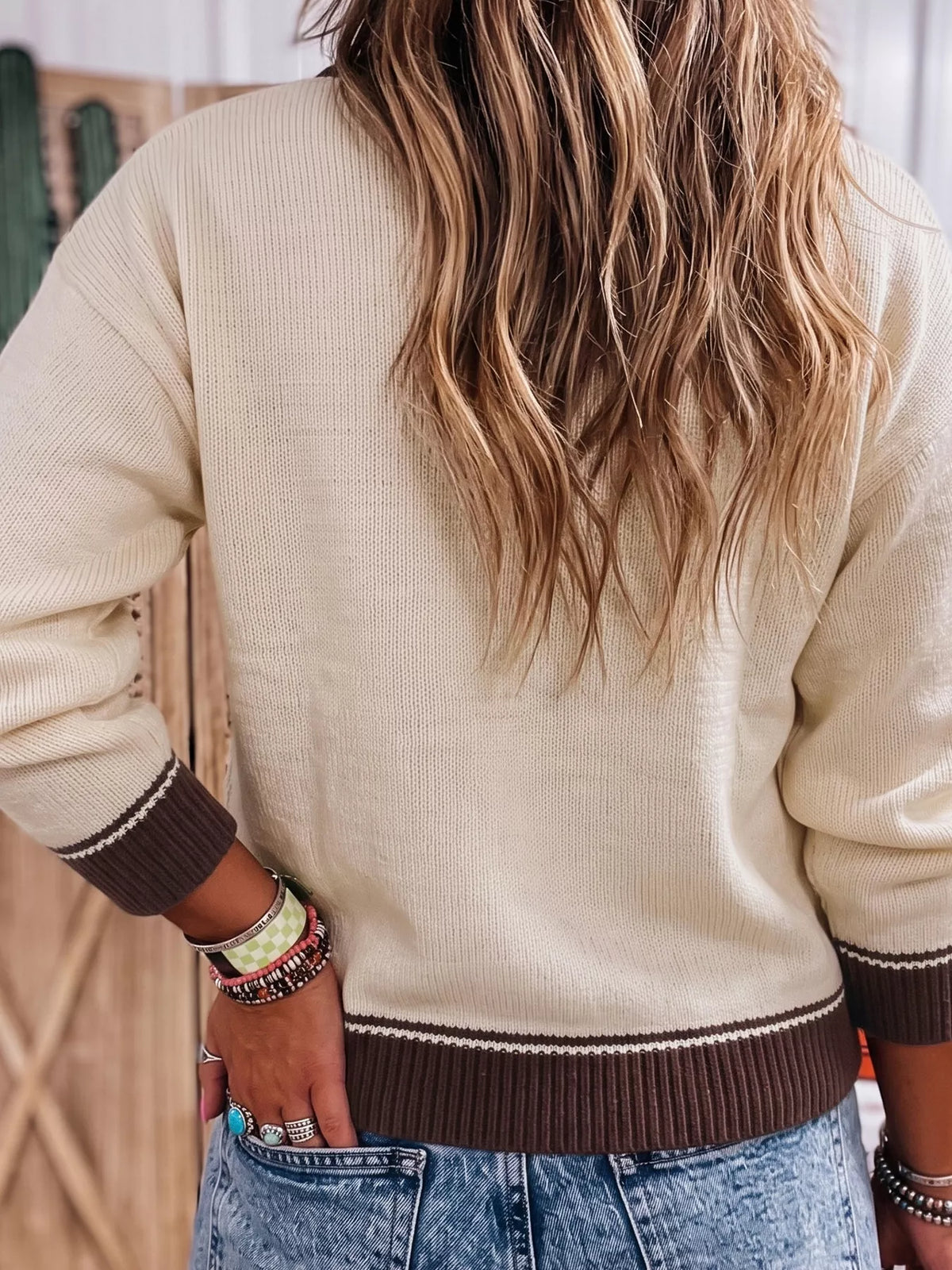Western Cowboy Graphic Round Neck Sweater in beige, back view