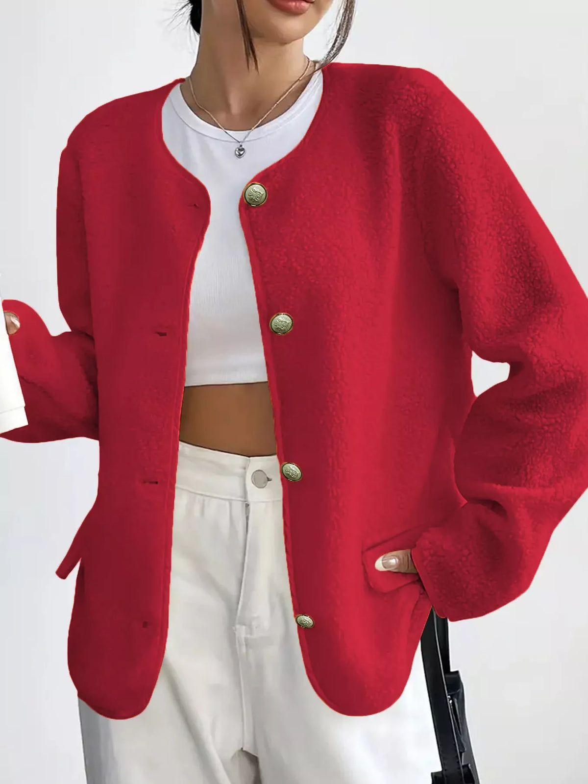 Red textured button-front jacket — front view