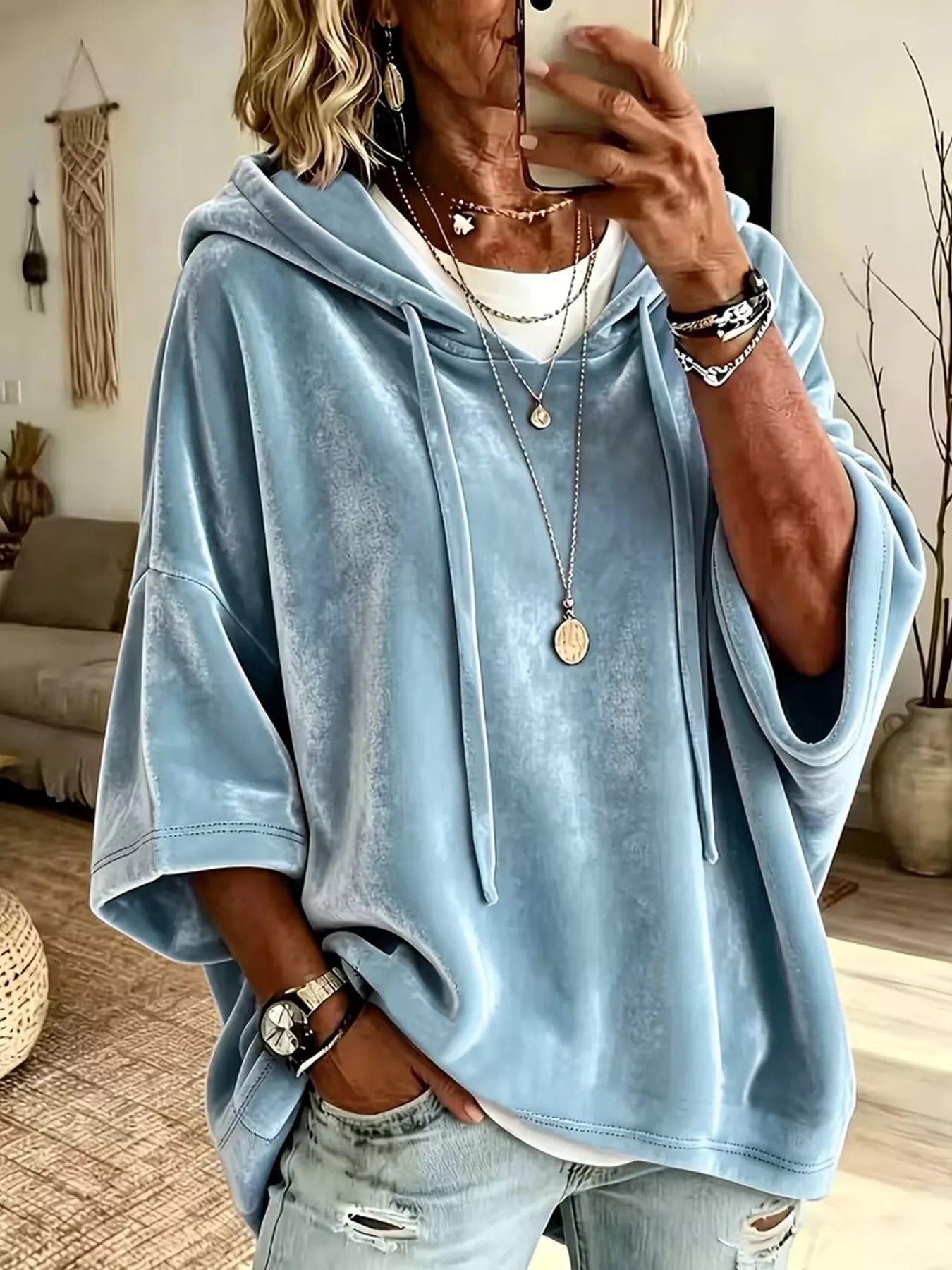 Trendsi Velvet Loose Fit Hoodie with Drawstring -