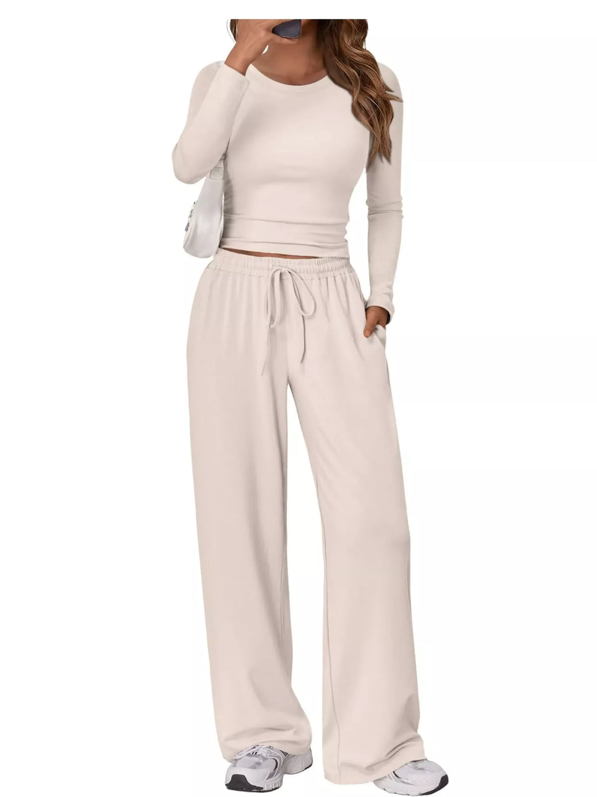 Long Sleeve Top and Wide-Leg Drawstring Pants Set — front view