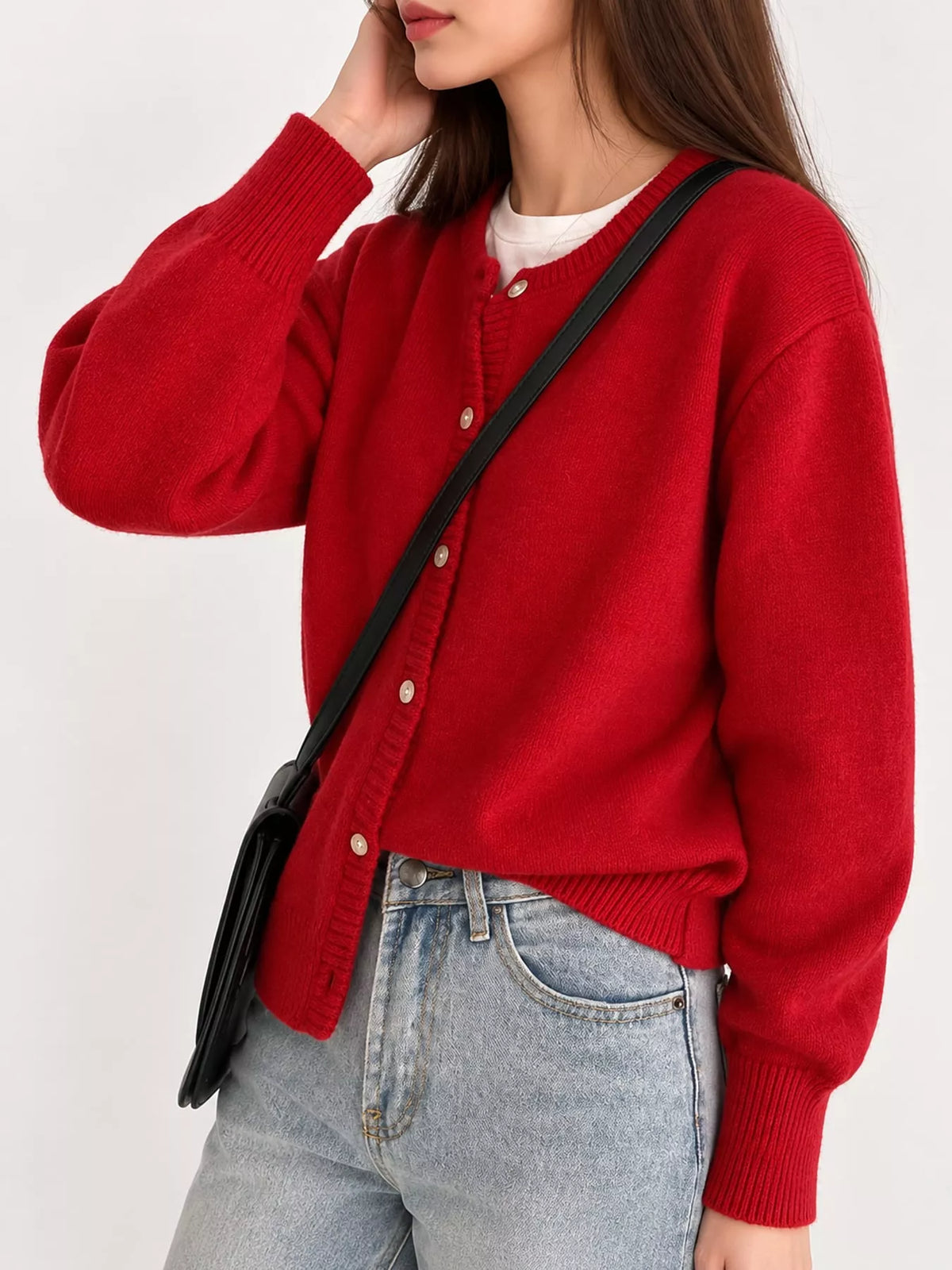 Women's Crew Neck Button-Down Knit Cardigan in red — side view