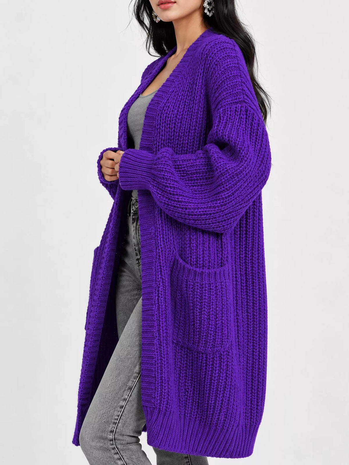 Longline knit cardigan, purple side