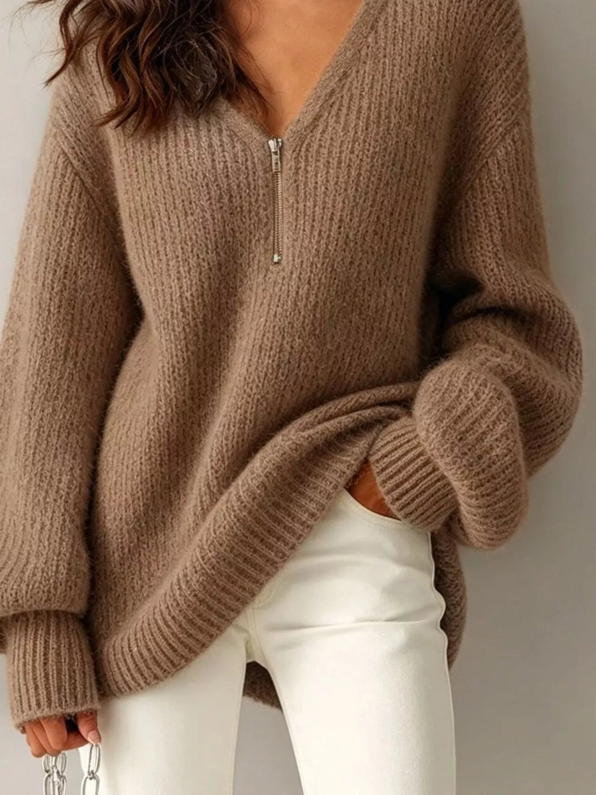 Quarter-zip sweater, brown knit detail