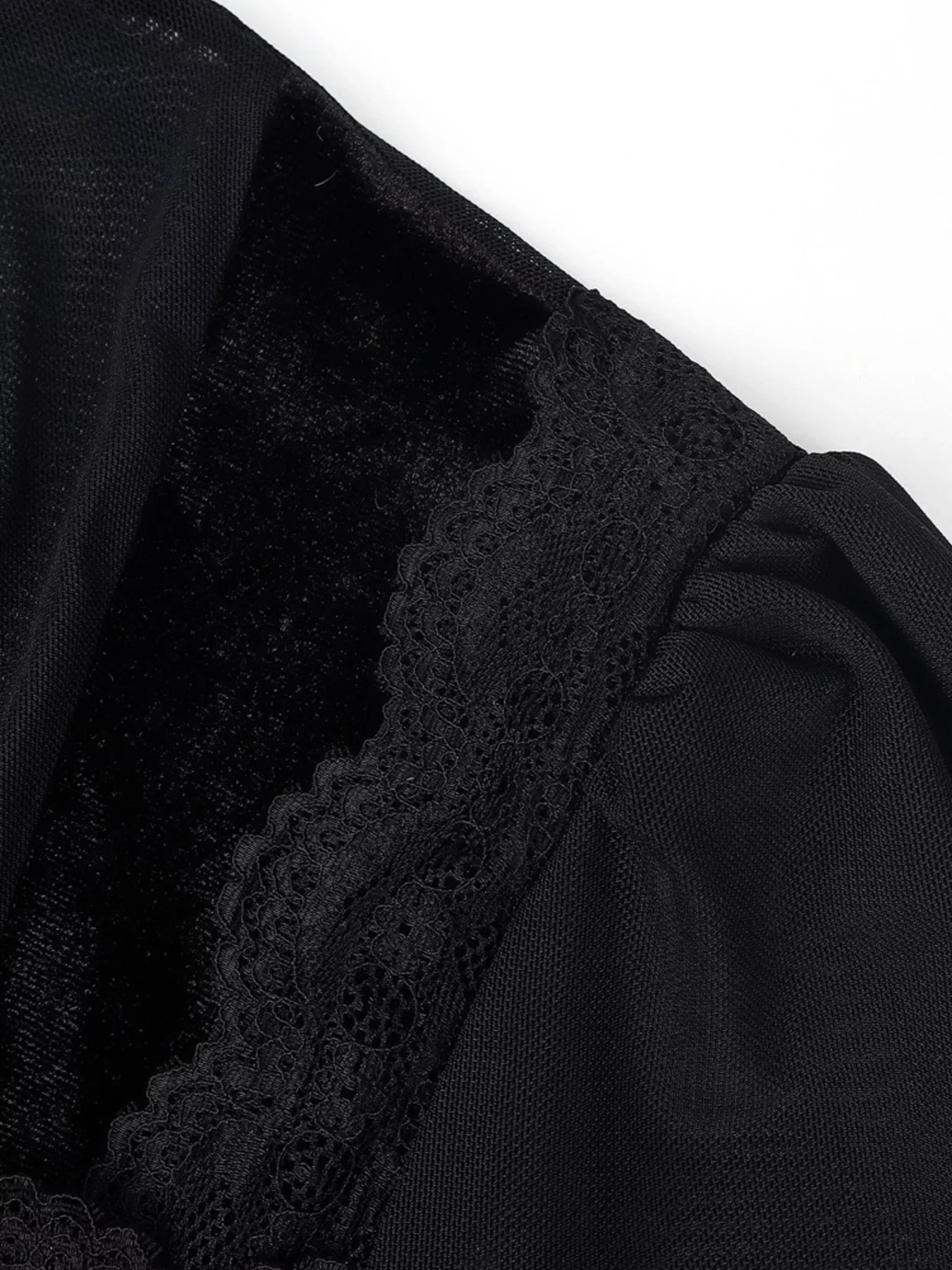 Trendsi Lace Trim Velvet Sheer Sleeve Blouse -