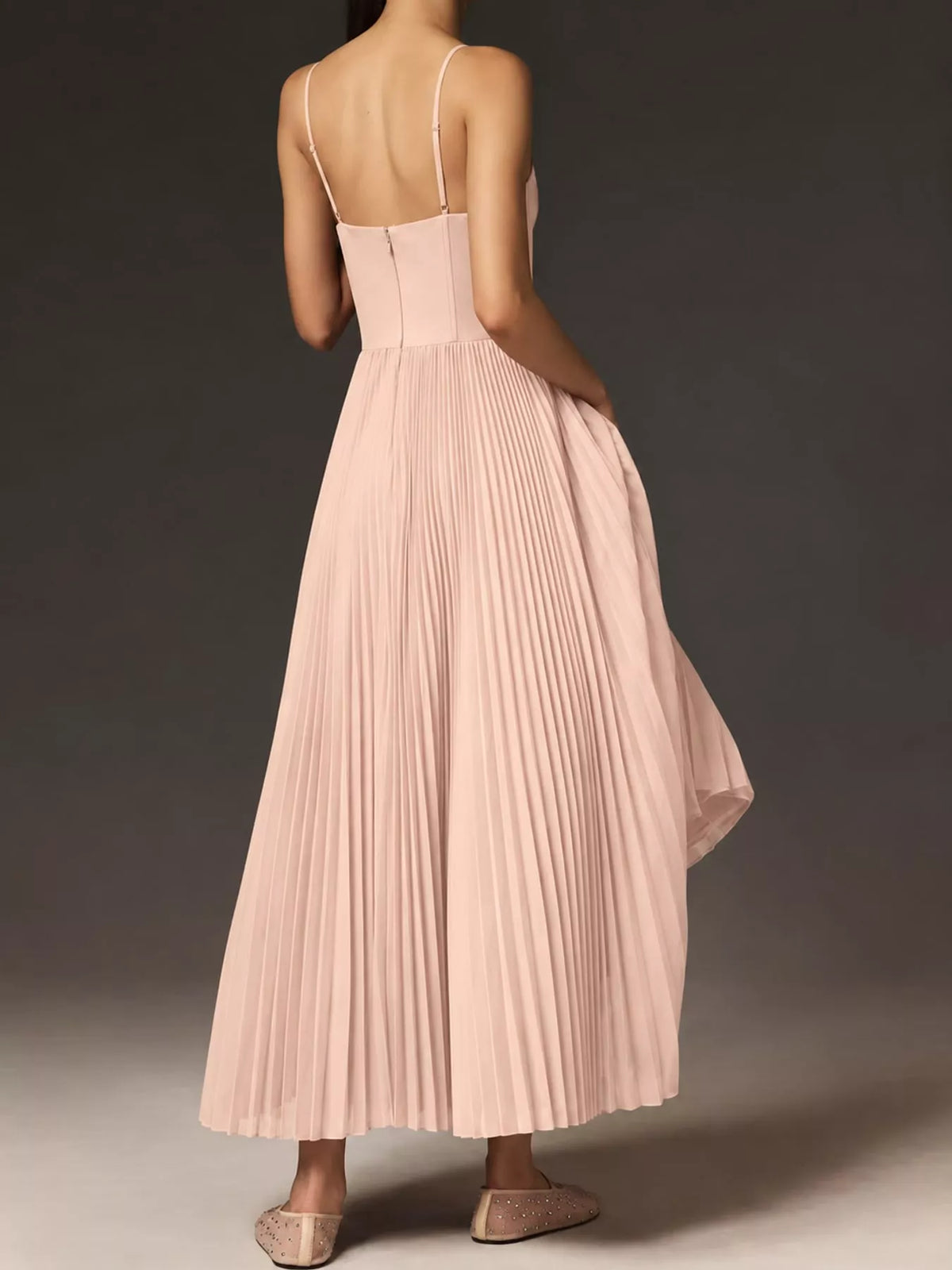 Pink pleated sweetheart neck midi dress — back view