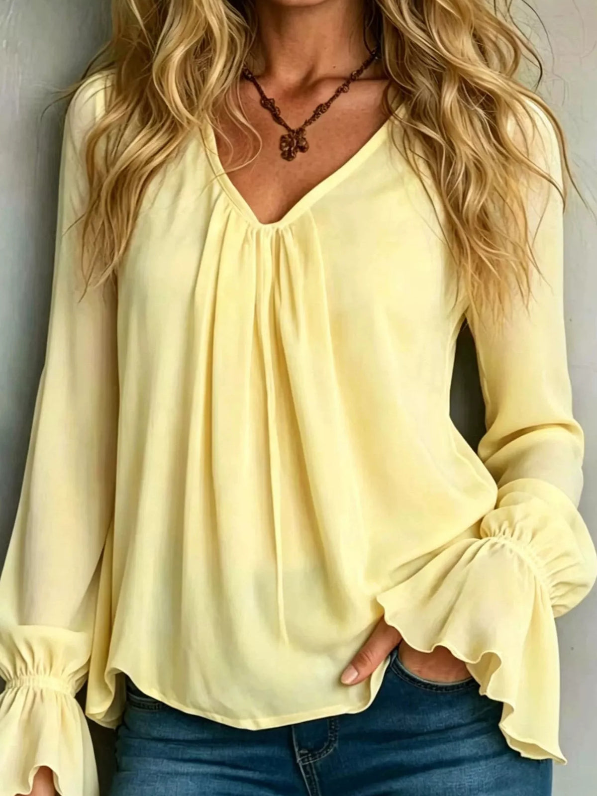 Pastel Yellow V-Neck Flounce Sleeve Blouse front view