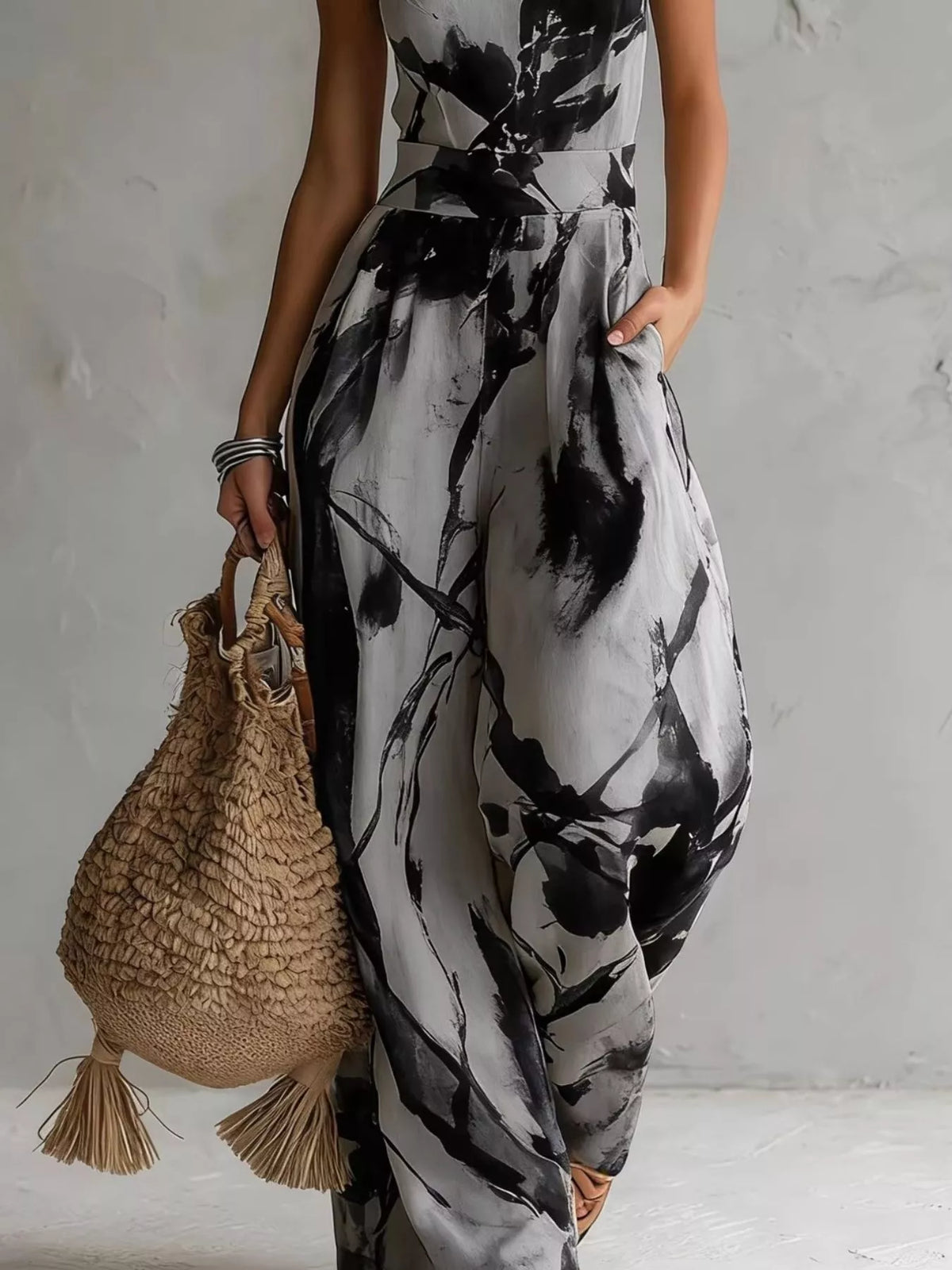Dark Gray Ink Wash Print Halter Neck Wide-Leg Jumpsuit back view