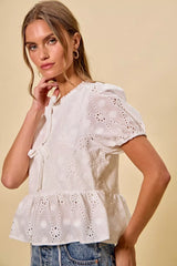 Trendsi SO ME Cotton Eyelet Front Tie Short Sleeves Blouse -