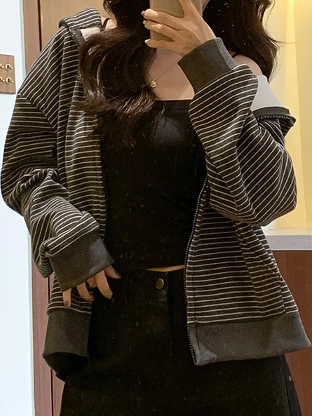 Charcoal and white striped zip-up hoodie