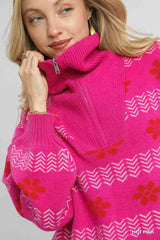 Trendsi Umgee Floral Patterned Jacquard Quarter-Zip Pullover Sweater -