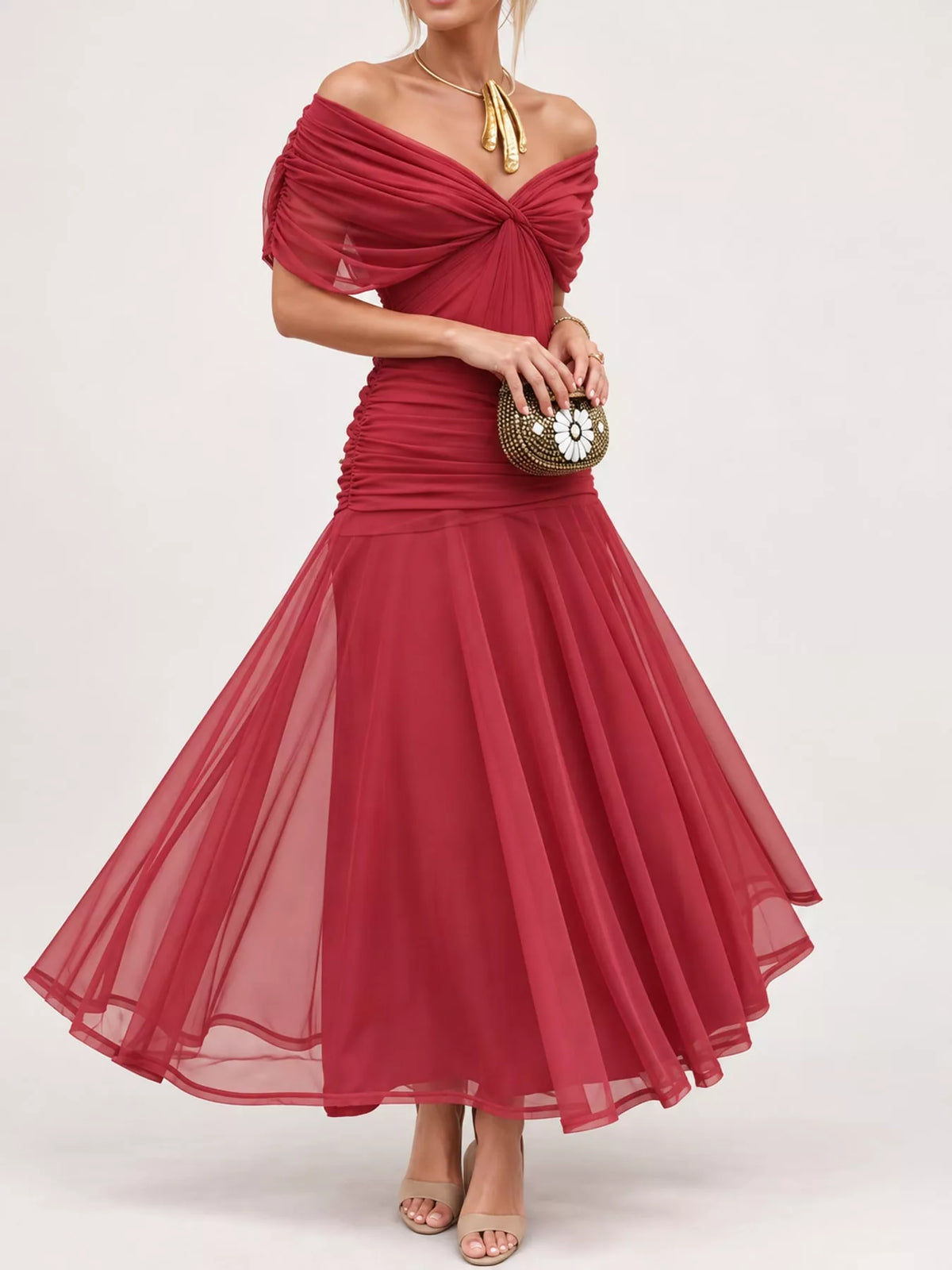 Burgundy off shoulder ruched tulle evening dress, front view