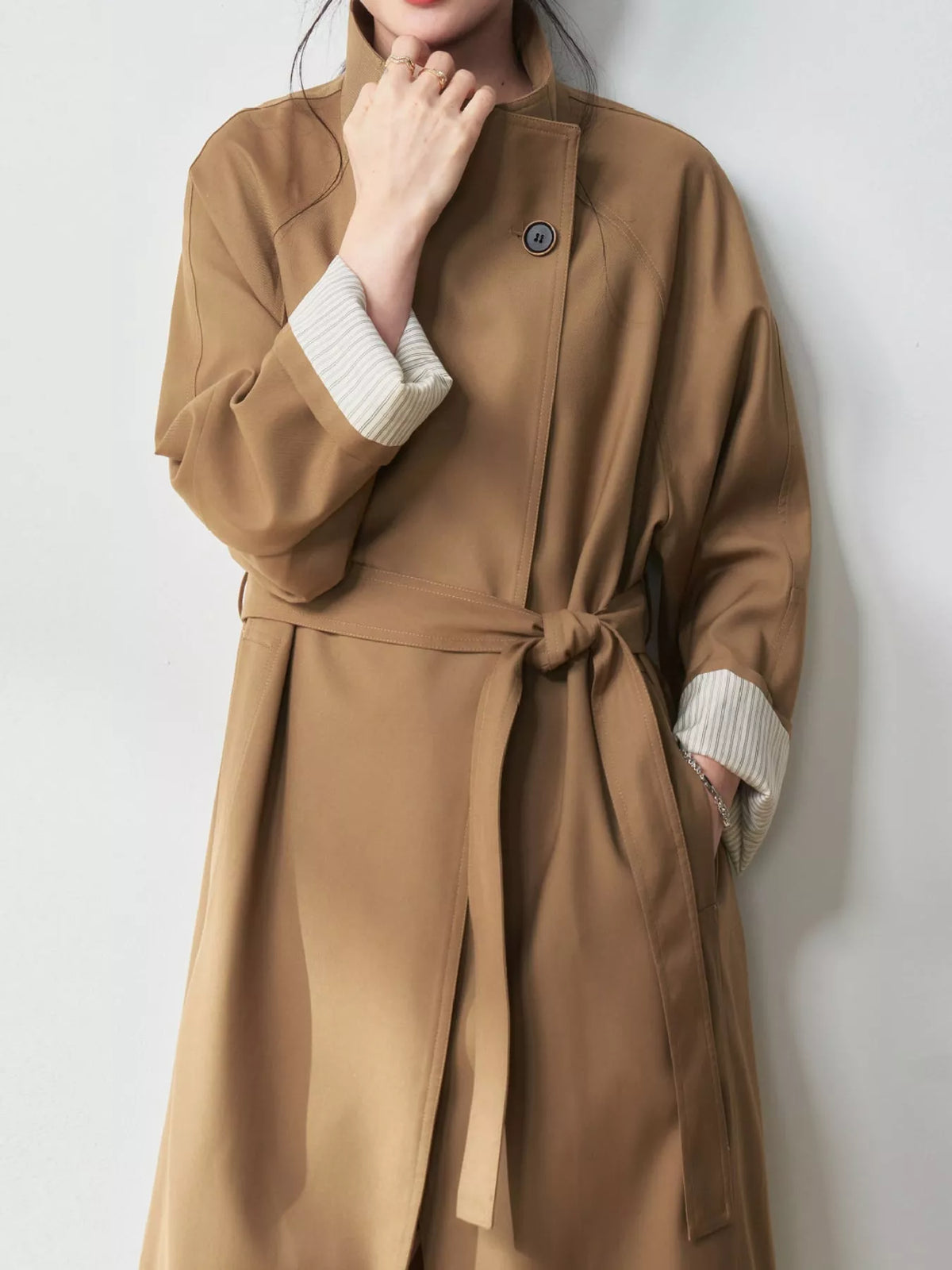 Asymmetric Button Longline Trench Coat in camel