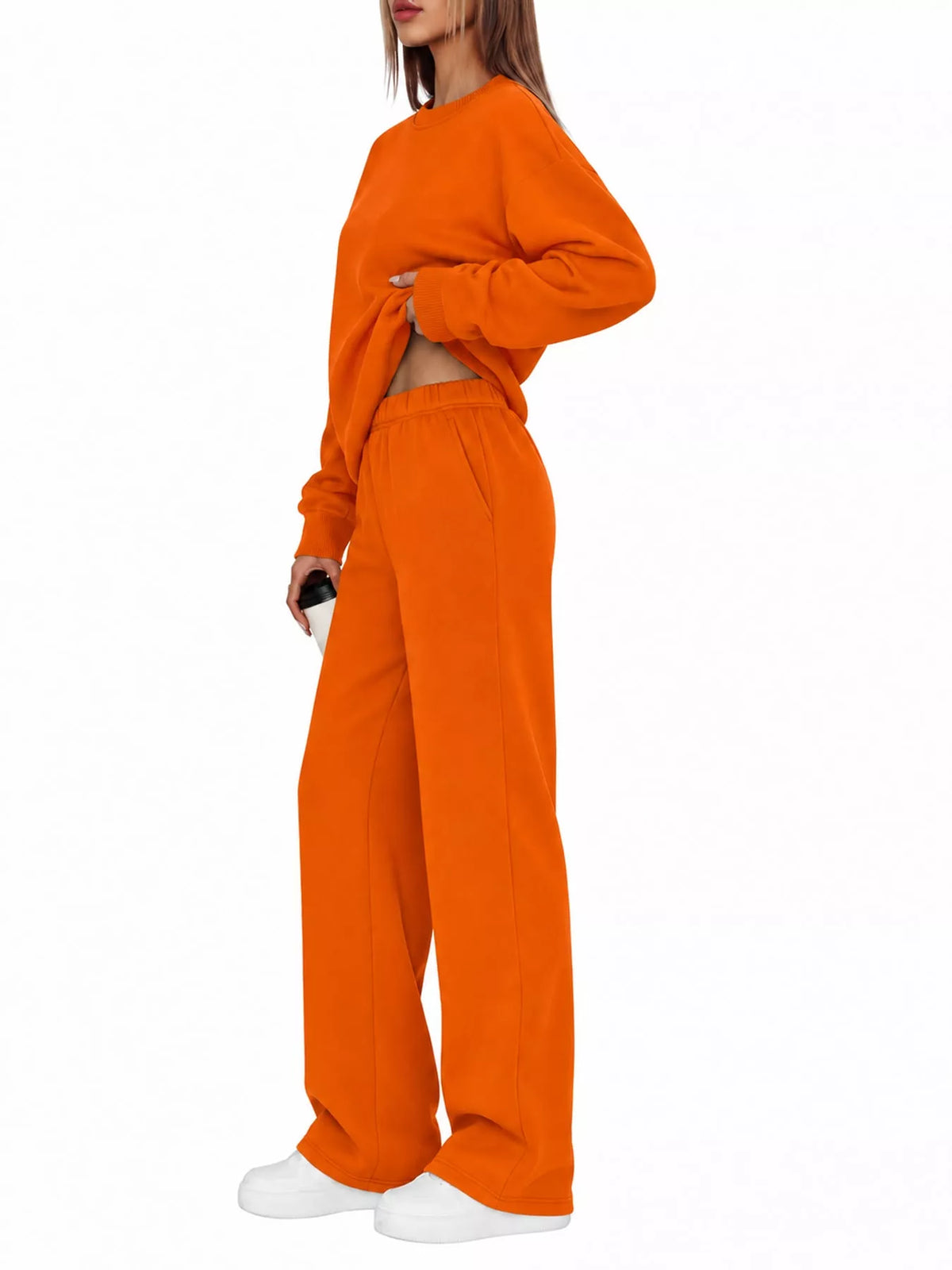 Crewneck Drop Shoulder Sweatshirt and Wide-Leg Pants Set — side view