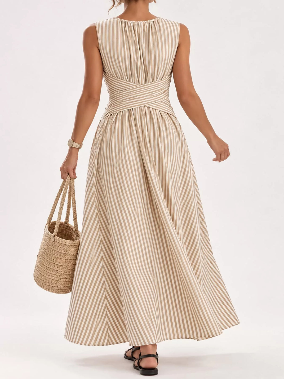 Women's Sleeveless Striped Maxi Dress with Criss-Cross Waist Detail in beige striped — back view